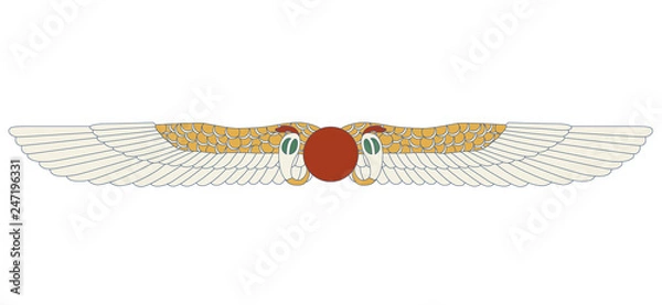 Fototapeta Egypt color ornamental wings and snake composition, ornamental element of Ancient Egypt. Egypt sun disk with wings