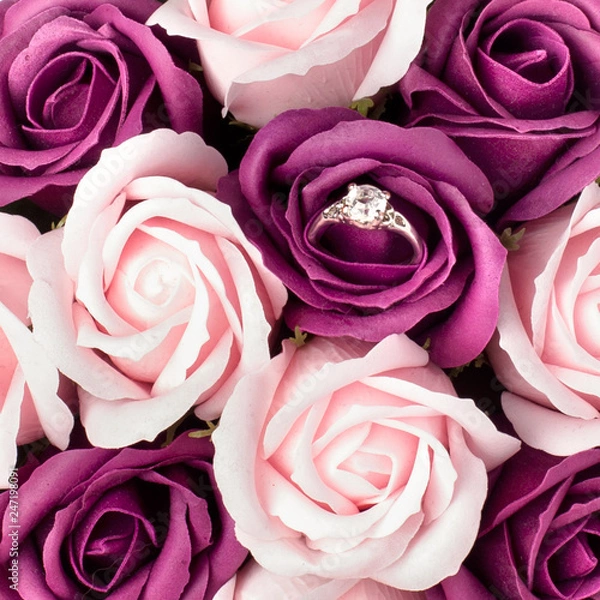 Obraz Valentine's day concept. Engagement ring in pink rose, Declaration of love. Top view, macro, close up