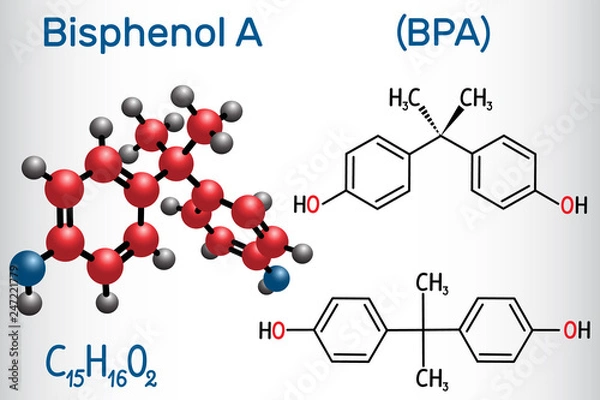 Fototapeta Bisphenol A (BPA) molecule. Structural chemical formula and molecule model