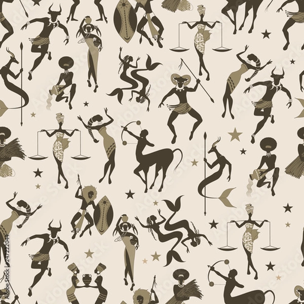 Fototapeta Seamless pattern of zodiac signs in the style of African tribal symbols