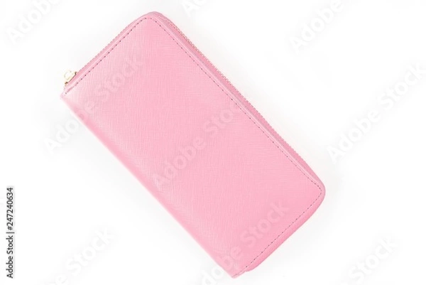 Fototapeta Pink women's bag. wallet close-up on a white background. Great for finance, economics, business and e-commerce concepts.