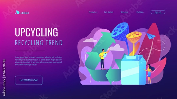 Obraz Business people reuse milk carton as vase creatively and upcycling symbol. Upcycling, creative reuse method, ecology recycling trend concept. Website vibrant violet landing web page template.