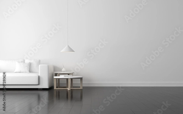Fototapeta View of white living room in scandinavian style with wood furniture on dark laminate floor.Perspective of minimal design architecture. 3d rendering.	