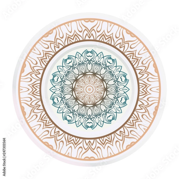 Fototapeta Plates for interior design. Porcelain plate with mandala ornament. Vector illustration. Isolated. Round geometric floral pattern. Interior decoration, home decor element