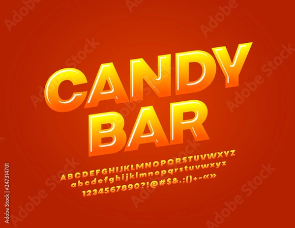 Fototapeta Vector juicy logotype Candy Bar with Glossy Alphabet. Tasty sweet Alphabet Letters, Numbers and Symbols.