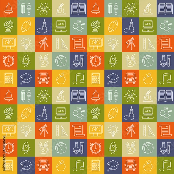 Fototapeta Seamless vector school background. Education pattern with modern line style outline  icons.