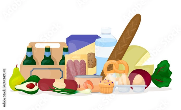 Obraz Set of food. Different product pile. Grocery. Beer, egg, vegetables, water, cheese. Cartoon vector.