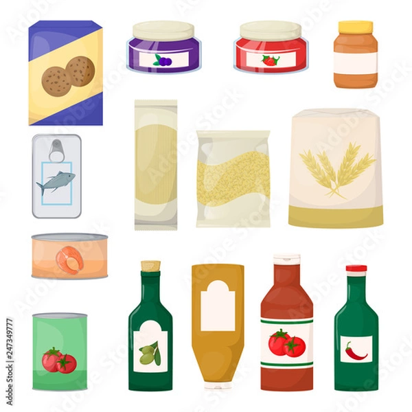 Obraz Set of grocery. Product. Jam, oil, pasta, flour, cookie and canned. Cartoon vector