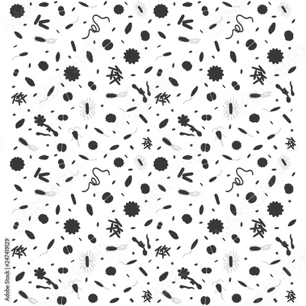 Fototapeta Seamless background with different types of bacterias on white background. Simple black bacterias pattern for your design. Vector illustration