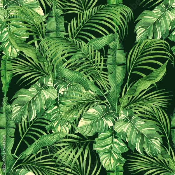 Fototapeta Watercolor painting coconut,banana,palm leaf,green leave seamless pattern background.Watercolor hand drawn illustration tropical exotic leaf prints for wallpaper,textile Hawaii aloha jungle style.