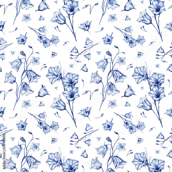 Fototapeta Hand drawn floral seamless pattern background with randomly located elegant blue bluebell flowers on white background