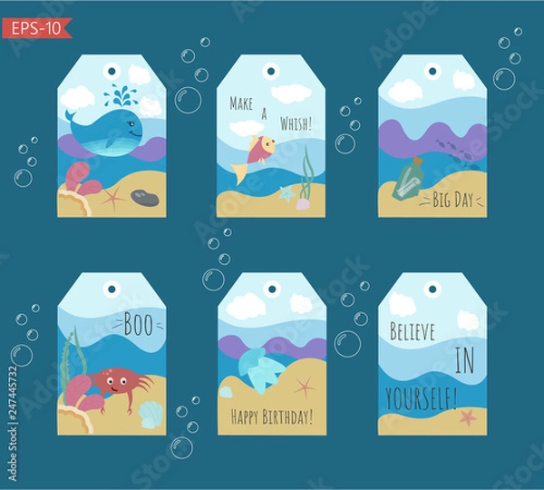 Obraz Set of six ready to use cute tags with marin illustration. 6 Birthday  isolated kids labels.  Vector.