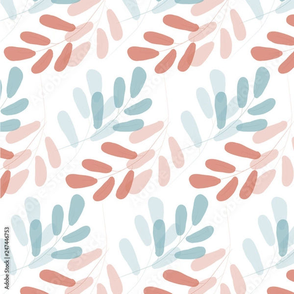 Obraz Seamless pattern with gentle branches of leaves.  Light blue and red colors on transparent background. Pattern is saved in swatch panel. Vector.