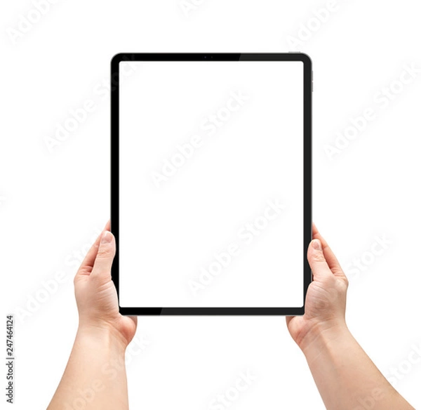 Obraz Woman is holding a tablet with a blank screen.