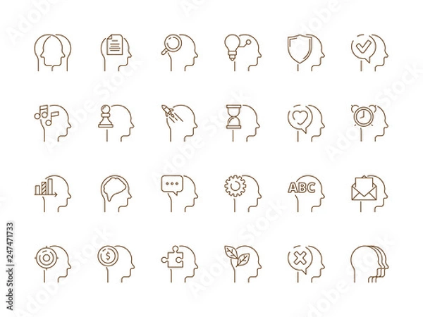 Fototapeta Idea in head icon. Mind creative thinking inspire and learning mindfulness vector symbols isolated. Illustration of idea inspiration in head human, invention mind