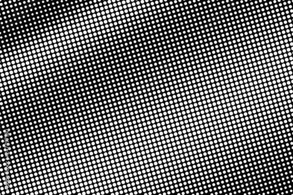 Obraz White dots on black background. Perforated halftone vector texture. Diagonal dotwork gradient for vintage effect