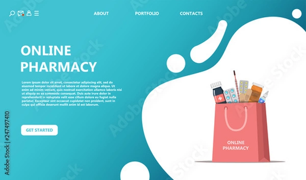 Fototapeta Online purchase and delivery of drugs. Online pharmacy bag with a set of medical drugs concept. Costum template can use for, landing page, template, ui, web, mobile app, poster, banner, flyer - Vector