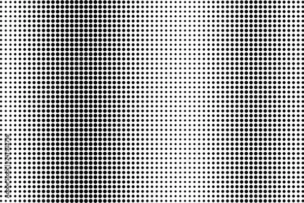 Fototapeta Black on white halftone vector texture. Grunge perforated surface. Regular dotwork gradient. Digital pop art background
