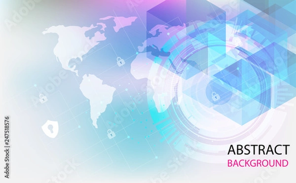 Fototapeta Cyber security protection concept technology.Secure digital space. Virtual confidential, structure point connection, programming protection, padlock scheme system, vector illustration