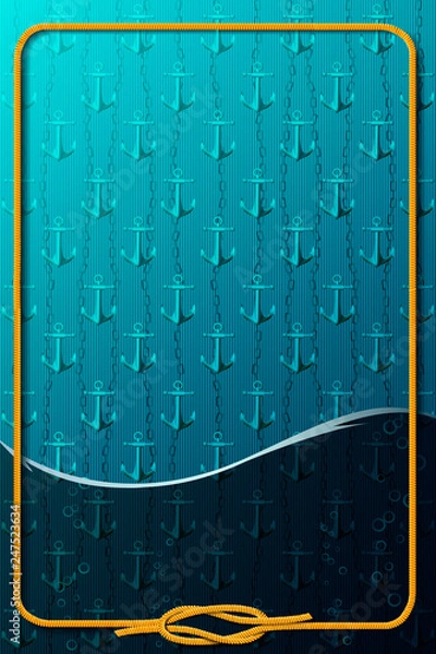 Fototapeta Vertical maritime background with a frame from mooring rope.