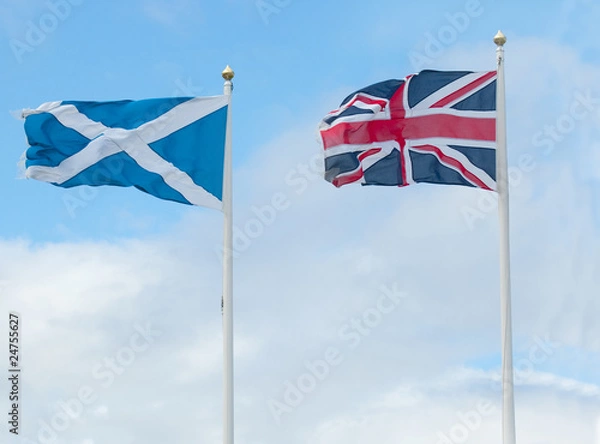 Obraz scotland and british flags in wind