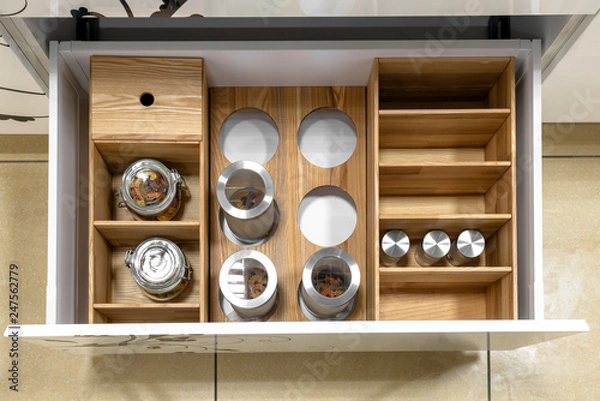 Obraz Opened kitchen drawer , a smart solution for kitchen storage and organizing