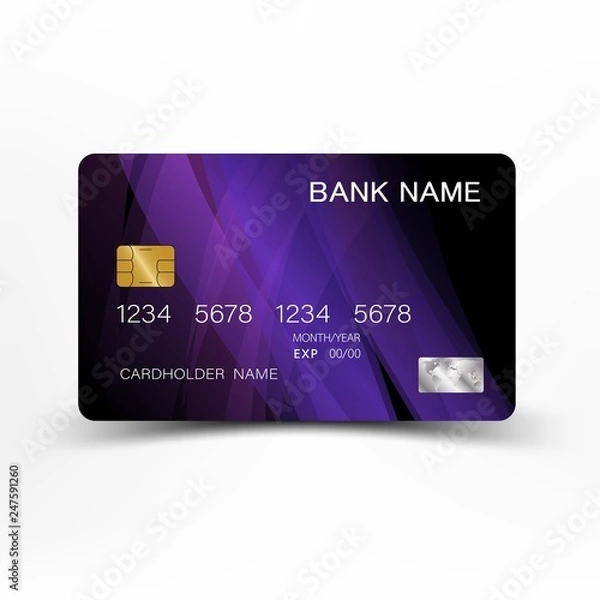 Obraz Mix purple and black colour credit card  design.  On white background. Vector illustration. Glossy plastic style EPS10.