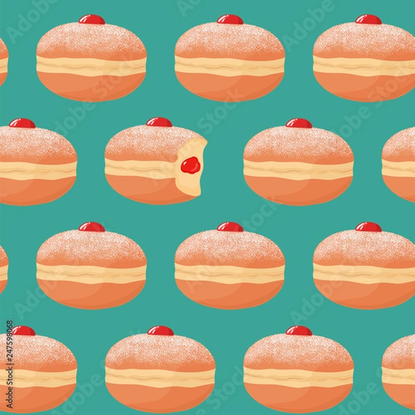 Fototapeta Seamless pattern with sufganiyah donuts (doughnuts) with powdered sugar topping, one donut with missing bite and jam filling. Israel pastry. Traditional Hanukkah dish. Vector illustration.