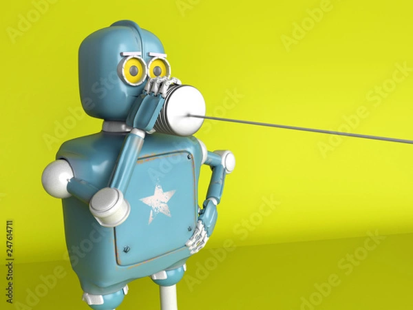 Fototapeta Retro Robot with Tin Can Phones. 3d render.