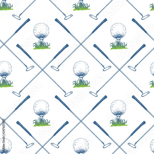 Fototapeta Seamless golf pattern with putter and ball. Vector set of hand-drawn sports equipment. Illustration in sketch style on white background.