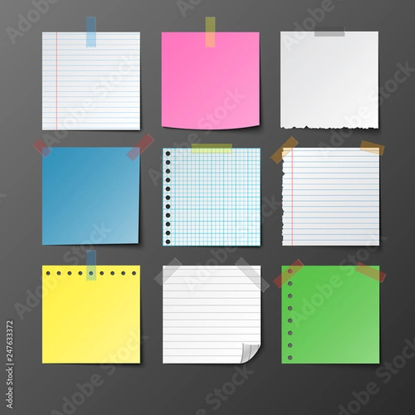 Fototapeta Post note paper set on gray background with shadow, vector illustration