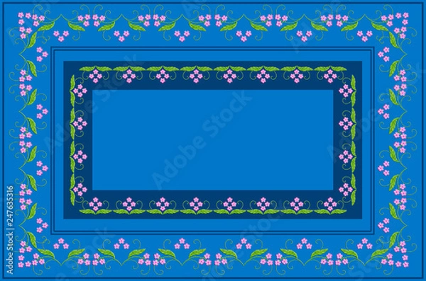 Fototapeta Pattern for blue tablecloth embroidered satin stitch with a frame of twigs with pink flowers and twists on green leaves