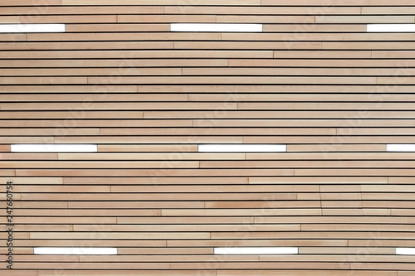 Obraz Architectural light wood ceiling with integrated light panels background, Texture modern wooden floor with lights