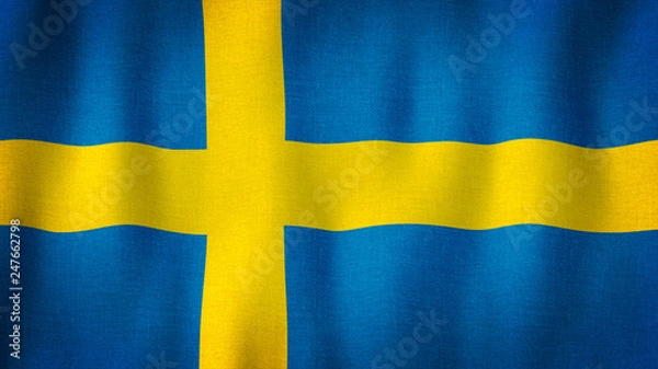 Fototapeta Sweeden flag waving in the wind. Closeup of realistic Swedish flag with highly detailed fabric texture