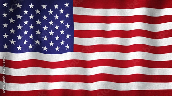 Fototapeta United States USA flag waving in the wind. Closeup of realistic American flag with highly detailed fabric texture