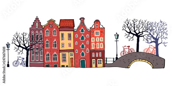 Fototapeta Amsterdam street scene. Vector color outline sketch hand drawn illustration. Three houses with bridge, lantern, trees
