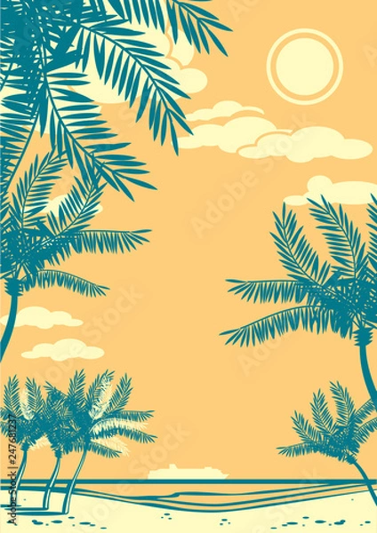 Obraz Beautiful tropical landscape with palms silhouettes and cruise ship on a horizon. Retro style drawing.