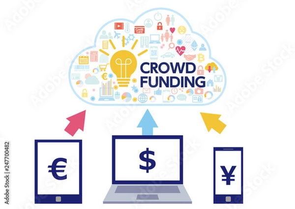 Fototapeta 円・ドル・ユーロによるクラウドファンディング-パソコン・スマホフラットデザイン-白背景素材