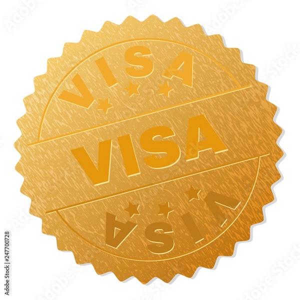 Fototapeta VISA gold stamp medallion. Vector golden award with VISA text. Text labels are placed between parallel lines and on circle. Golden surface has metallic effect.