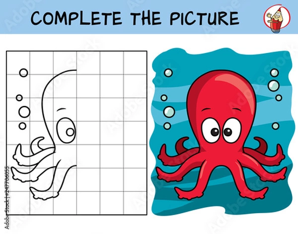 Obraz Complete the picture of a funny octopus. Copy the picture. Coloring book. Educational game for children. Cartoon vector illustration