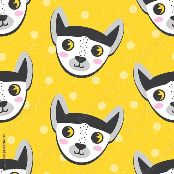 Obraz Seamless pattern with cartoon lemur on yellow background. Cute baby background, stamp texture. Vector illustration.