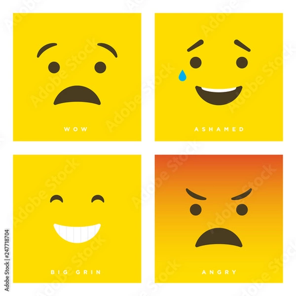 Fototapeta High quality vector cartoon set with wow, ashamed, big grin and angry emoticons with Flat Design Style, social media reactions - Vector EPS10