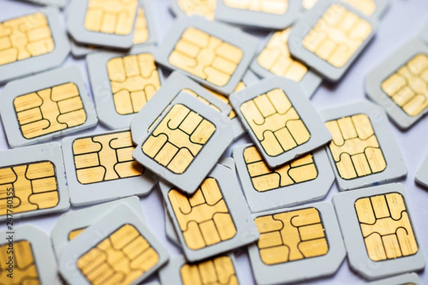 Obraz Many Micro SIM 3G for mobile over on white background.