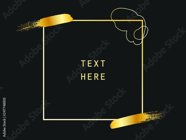 Fototapeta Metalic gold square shape. Label, logo design element, frame with floral abstract elements and brush paint. Vector illustration.