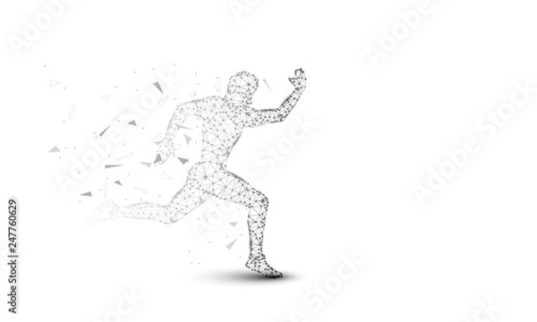 Fototapeta Abstract Sprinter futuristic background with low-poly, polygon and triangle. Sport runner concept from dots, circles and lines. Molecular concept. Wireframe light connection structure vector 
