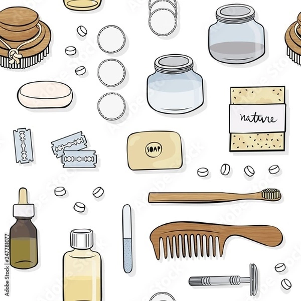 Fototapeta zero waste bathroom kit hand drawn colorful vector seamless pattern on white background