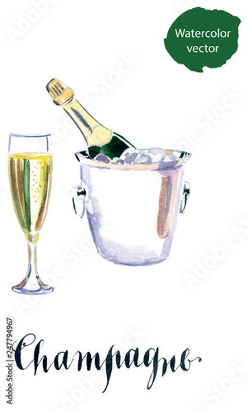 Fototapeta Champagne bottle in bucket with ice and glass of champagne