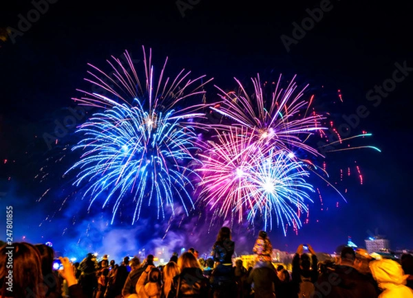 Obraz Five big fireworks on dark city sky