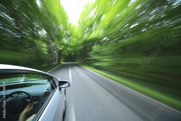 Obraz car driving fast into forest.