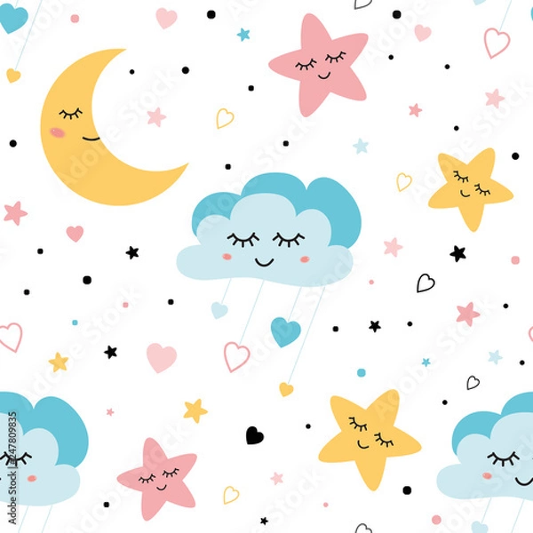Obraz Seamless childish pattern with baby stars cloud moon Kids texture fabri wallpaper background Vector illustration